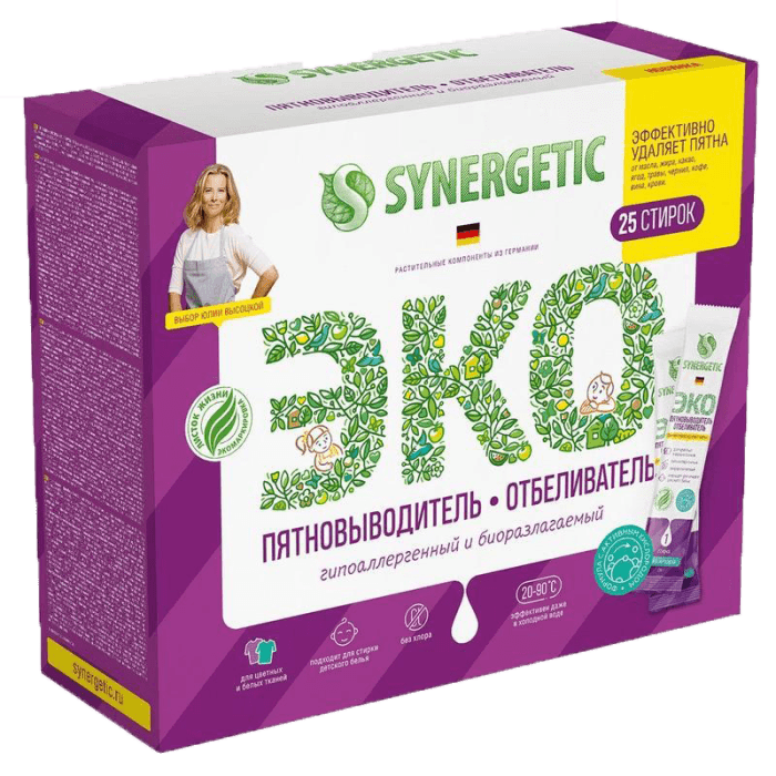 Отбеливатель-пятновыводитель 25 гр "SYNERGETIC" с активным кислородом, гипоаллергенный, биоразлагаемый (10 шт.упак) Отбеливатель-пятновыводитель 25 гр "SYNERGETIC" с активным кислородом, гипоаллергенный, биоразлагаемый (10 шт.упак)